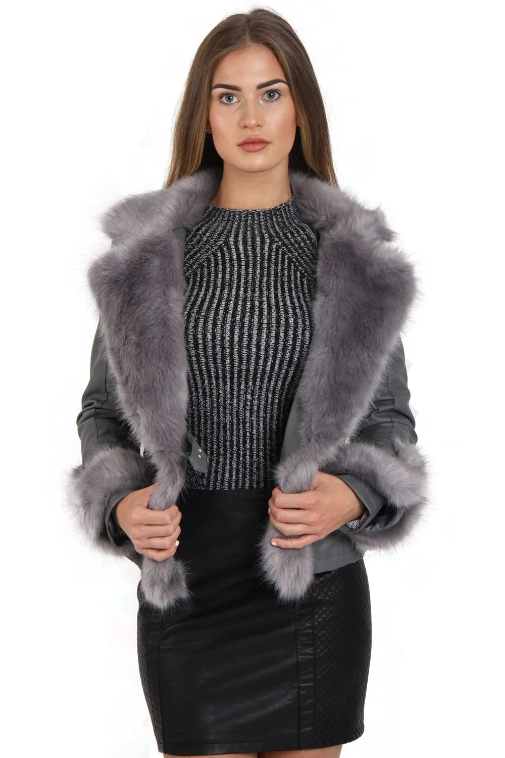 Faux Fur Belted Leather Look Biker Jacket