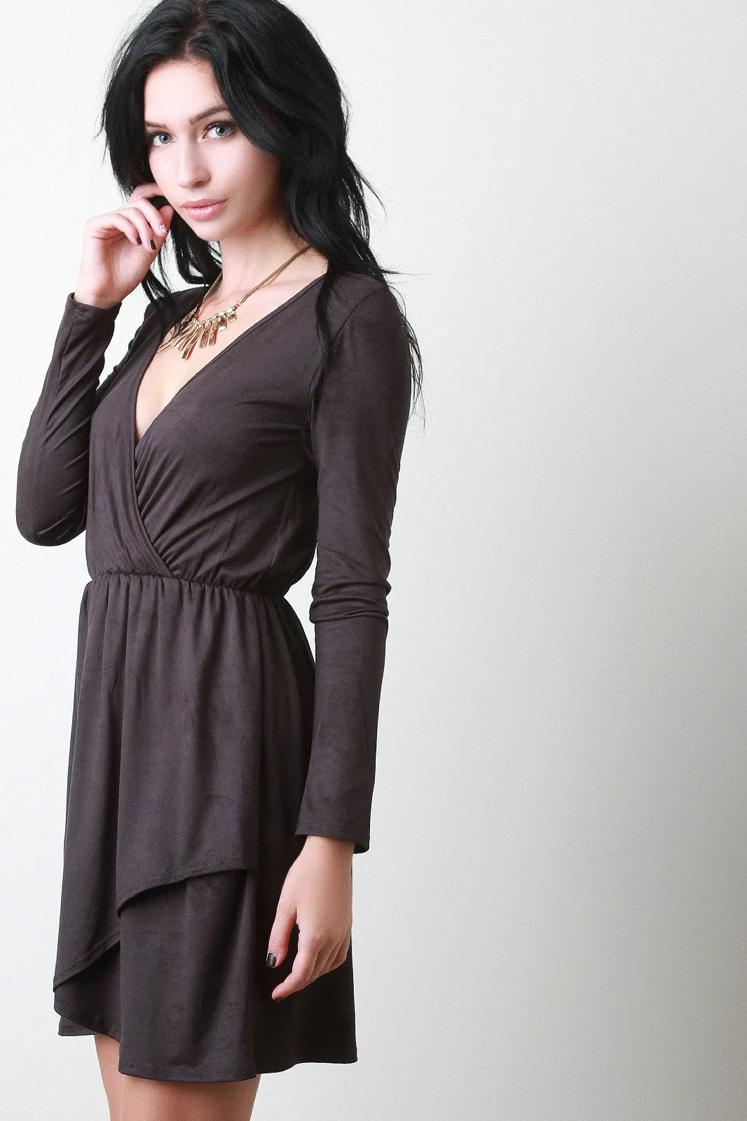 Faux Suede Long Sleeve Surplice Skater Dress