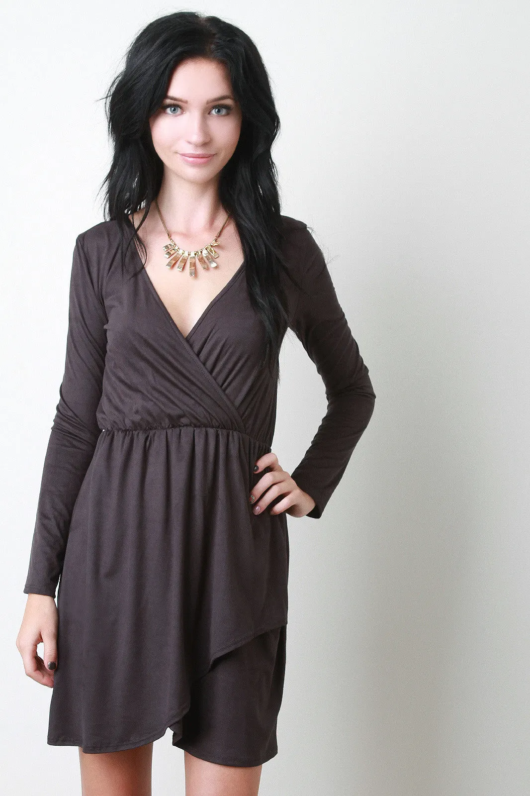 Faux Suede Long Sleeve Surplice Skater Dress