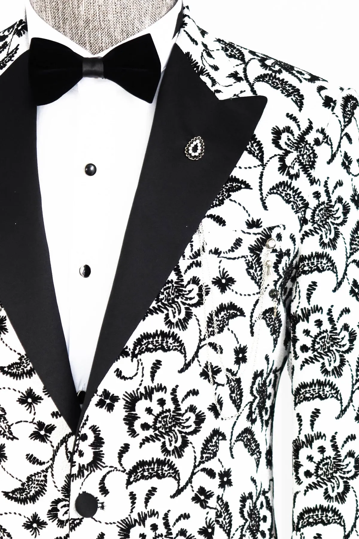 Floral Patterned Peak Lapel White Men  Wedding Tuxedo Blazer - Wessi