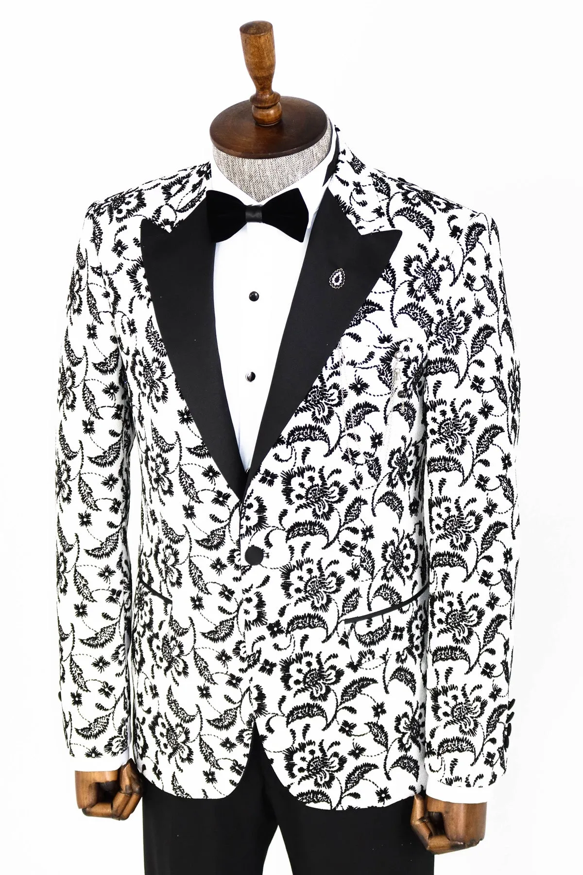 Floral Patterned Peak Lapel White Men  Wedding Tuxedo Blazer - Wessi