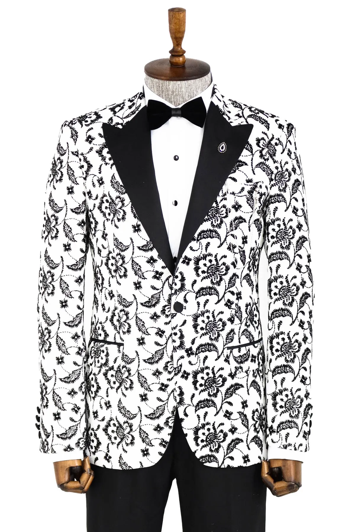 Floral Patterned Peak Lapel White Men  Wedding Tuxedo Blazer - Wessi