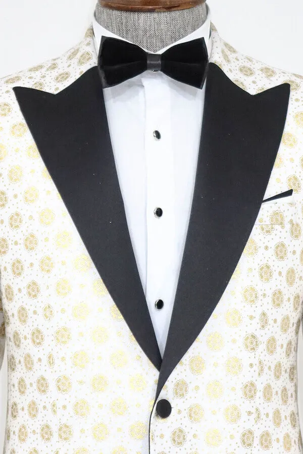 Floral Patterned Peak Lapel White Men Wedding Tuxedo Blazer - Wessi