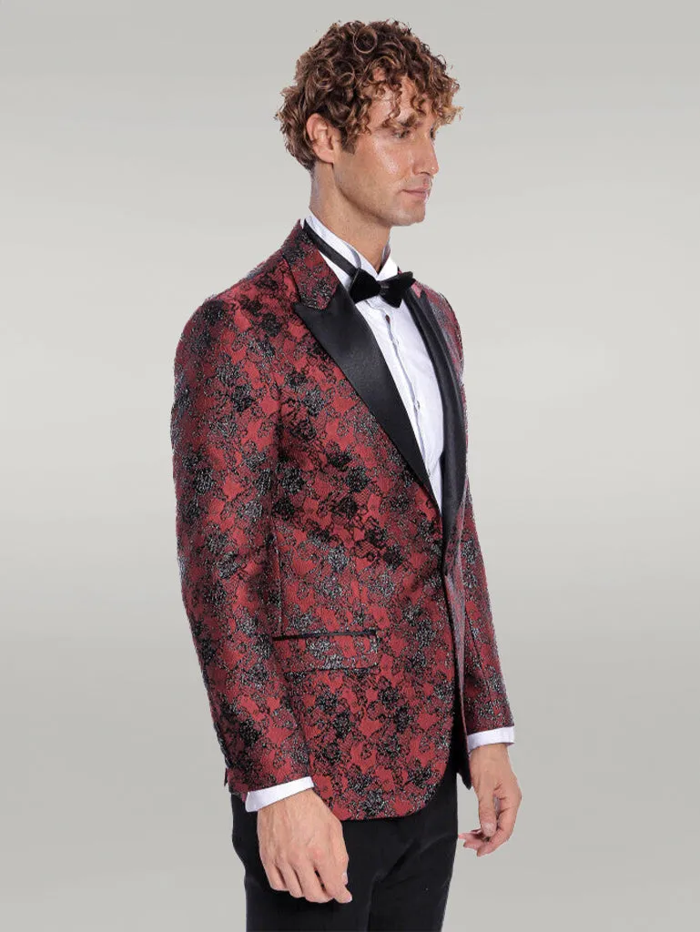 Floral Patterned Slim Fit Burgundy Men Evening  Dinner Blazer - Wessi