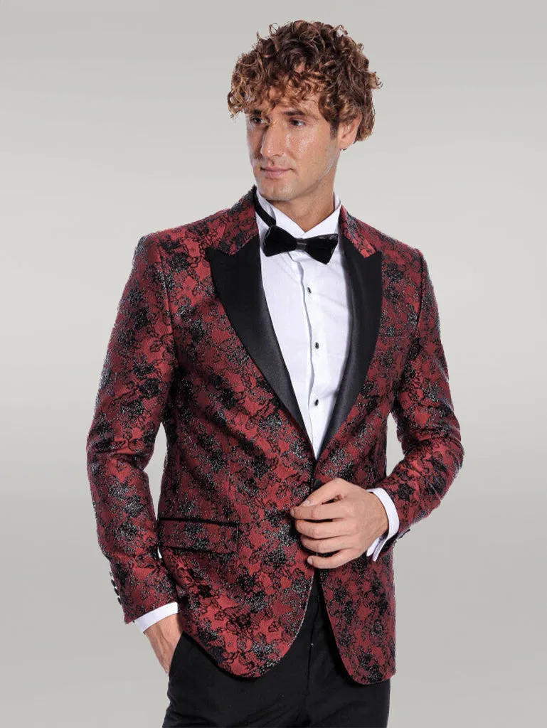 Floral Patterned Slim Fit Burgundy Men Evening  Dinner Blazer - Wessi