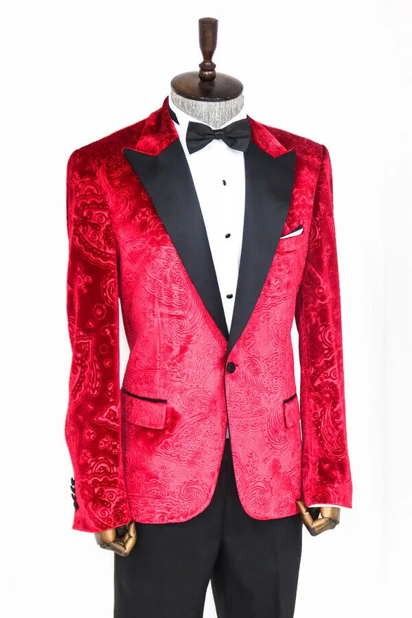 Floral Patterned Velvet Burgundy Men Tuxedo Jacket - Wessi