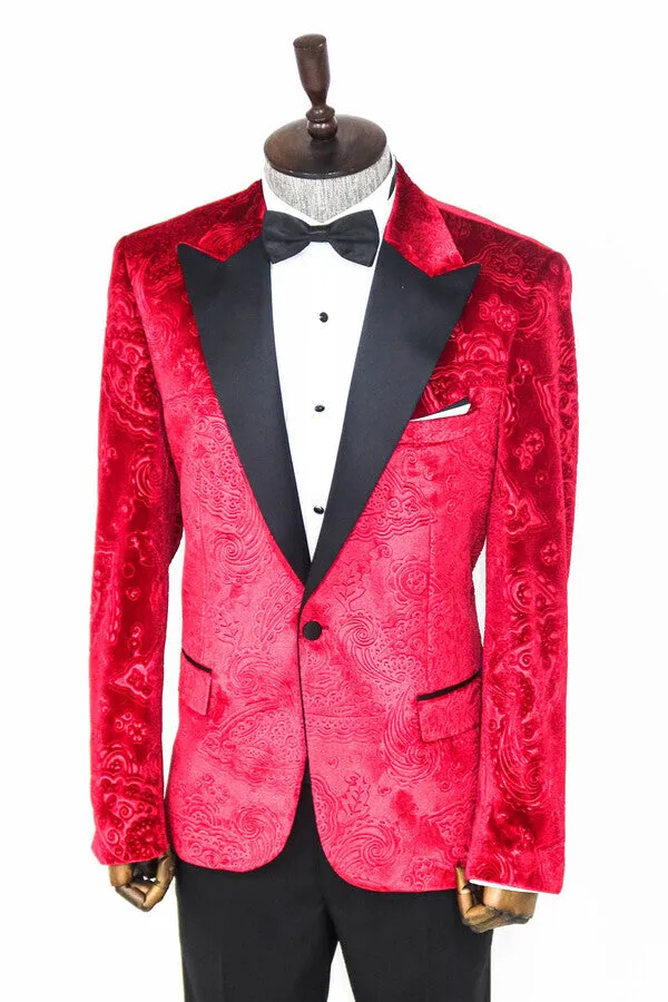 Floral Patterned Velvet Burgundy Men Tuxedo Jacket - Wessi