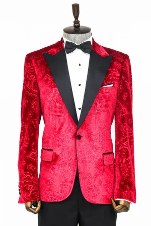 Floral Patterned Velvet Burgundy Men Tuxedo Jacket - Wessi