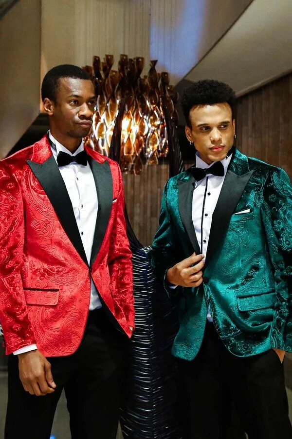 Floral Patterned Velvet Green Men Evening Jacket - Wessi