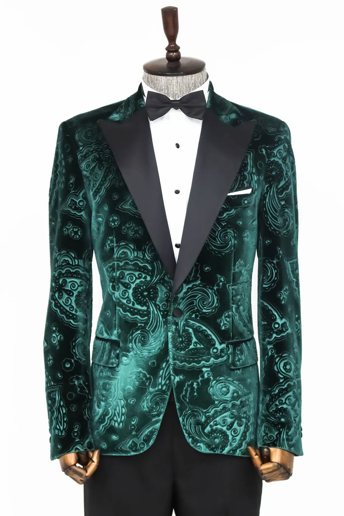 Floral Patterned Velvet Green Men Evening Jacket - Wessi