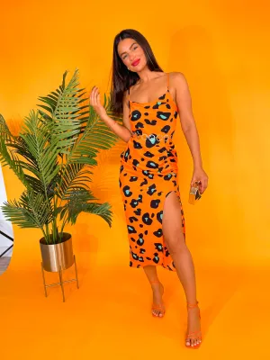 Just A Fling - Orange Green Leopard Print Midi Dress