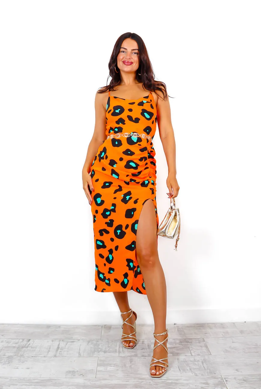 Just A Fling - Orange Green Leopard Print Midi Dress