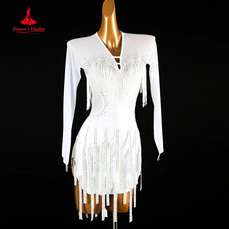 Latin Dance Competition Clothing Women Customized  Light Luxury Sexy Backless Tassel Dress Tango Chacha Performance Costume