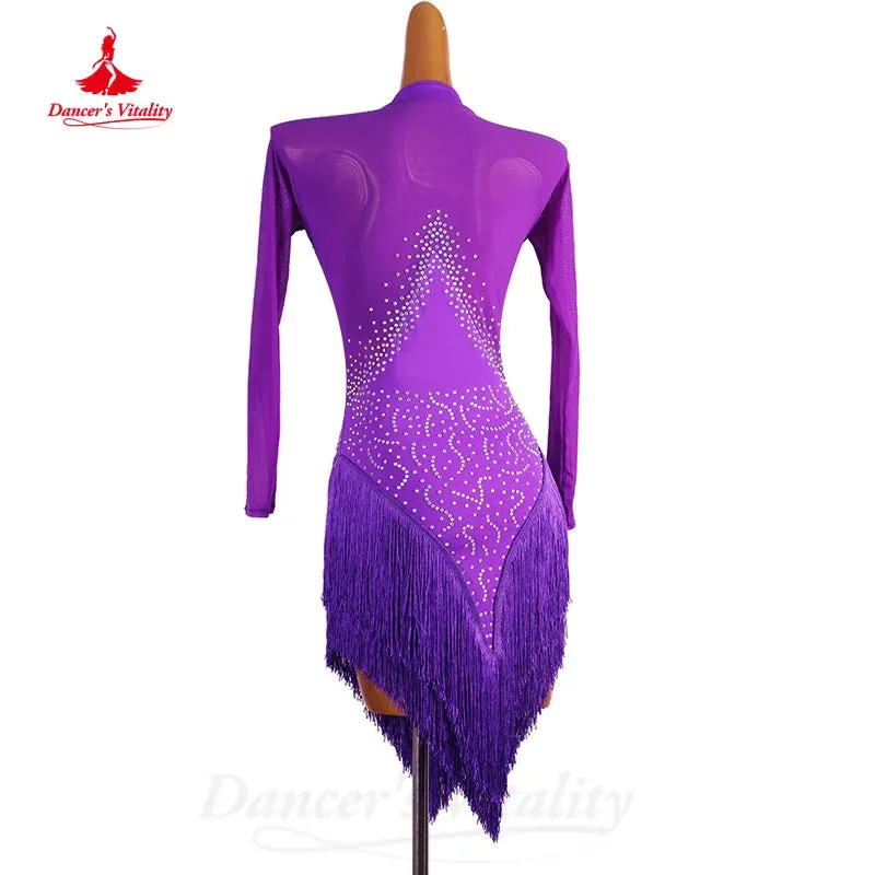 Latin Dance Costumes Customization Long Sleeved Rhinestone Tassel Dress Adult Children Tango Chacha Samba Competition Dresses