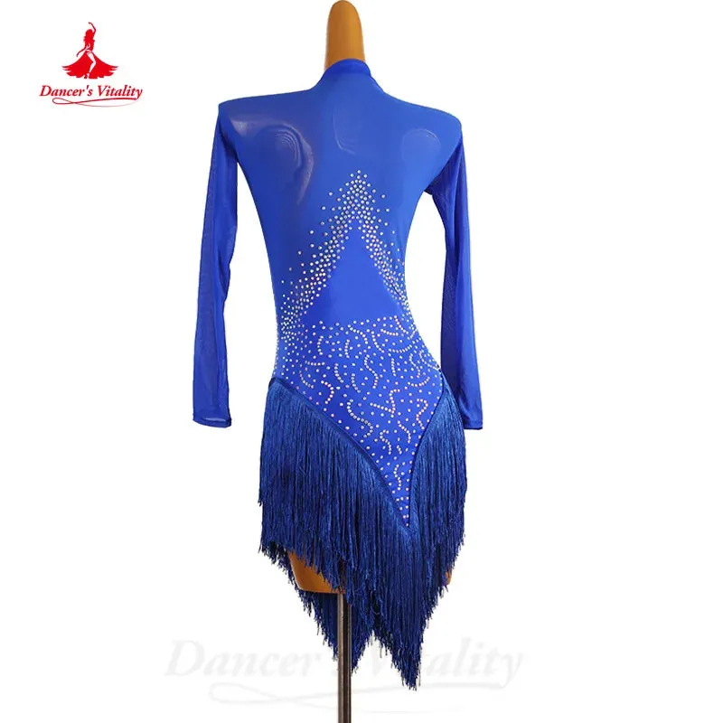 Latin Dance Costumes Customization Long Sleeved Rhinestone Tassel Dress Adult Children Tango Chacha Samba Competition Dresses