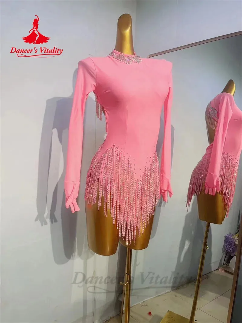 Latin Dance Dress for Women Sexy Long Sleeves Rumba Chacha Tnago Performance Compeitition Costume Dress Latin Fringe Dress