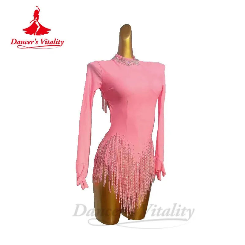 Latin Dance Dress for Women Sexy Long Sleeves Rumba Chacha Tnago Performance Compeitition Costume Dress Latin Fringe Dress