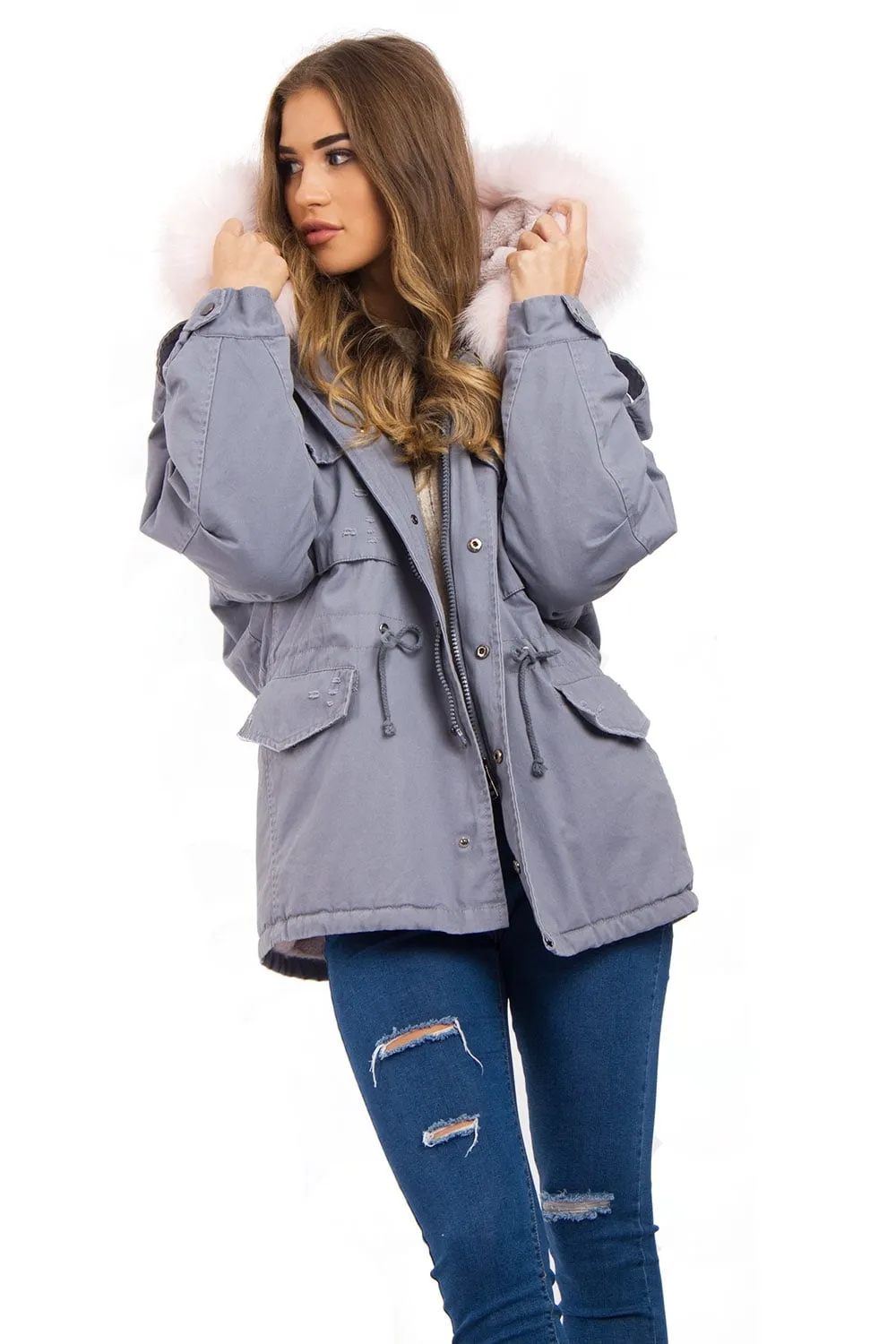 Oversized Faux Fur Trim Fleece Hooded Parka Jacket Coat