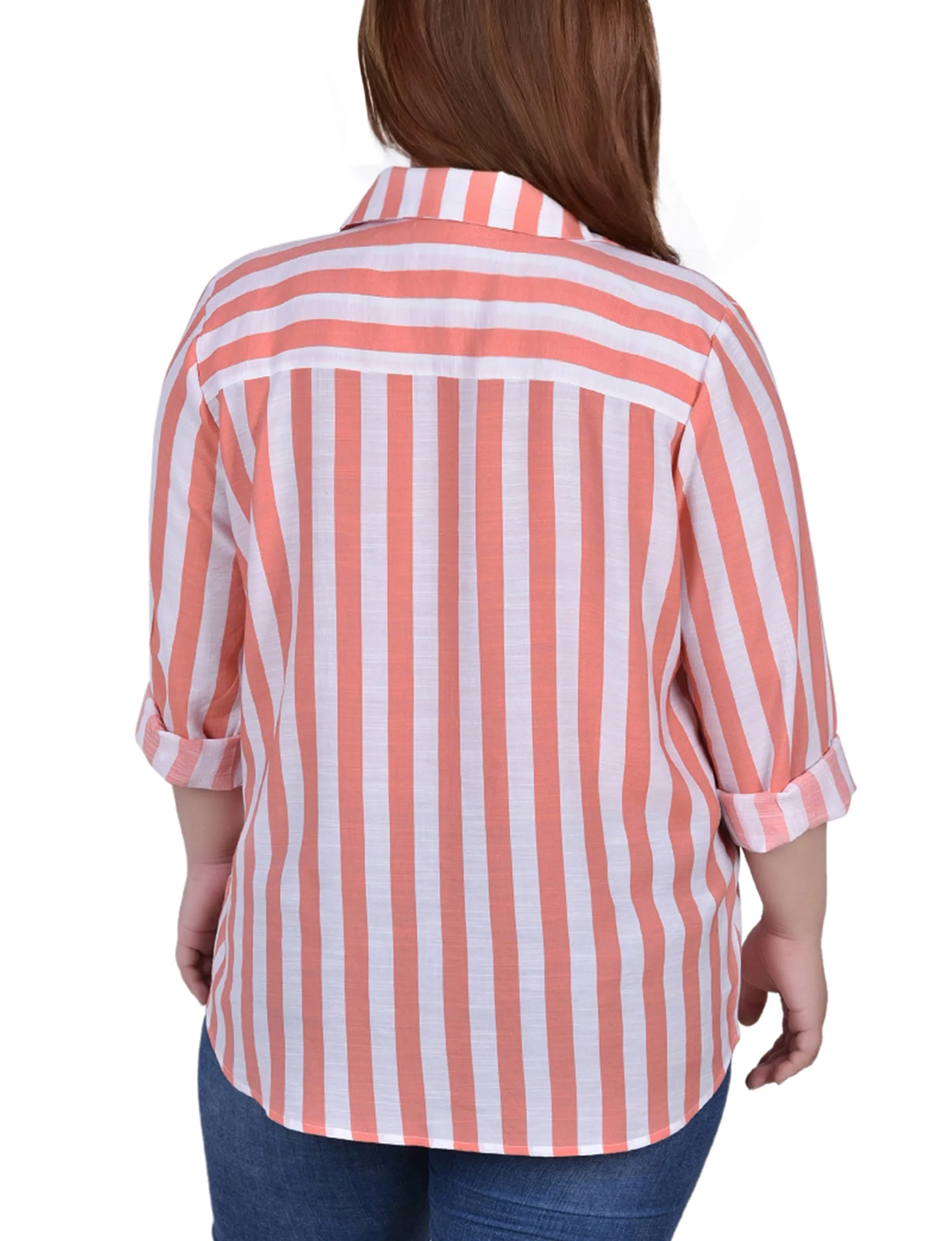 Plus Size 3/4 Rolled Sleeve Striped Blouse