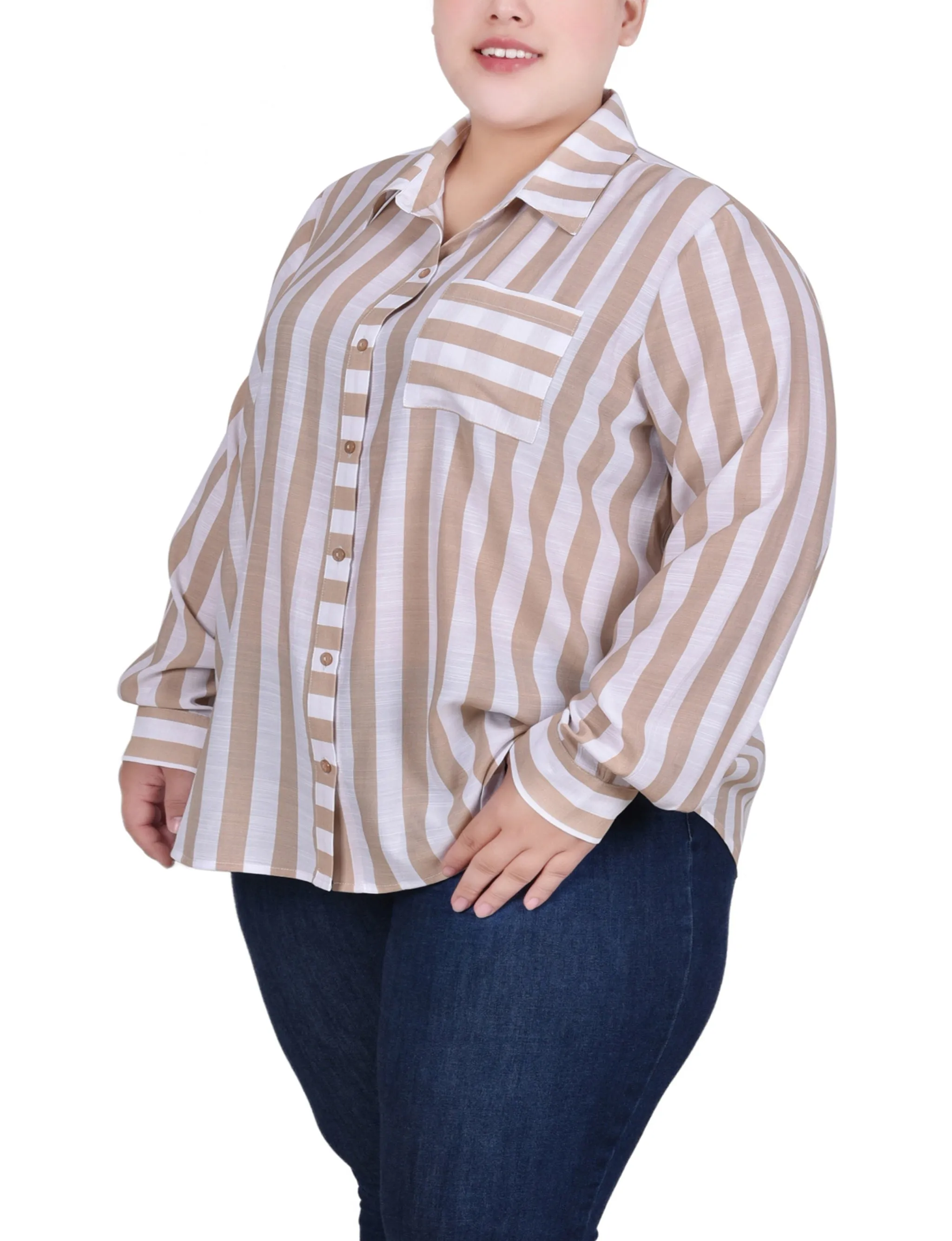 Plus Size 3/4 Rolled Sleeve Striped Blouse