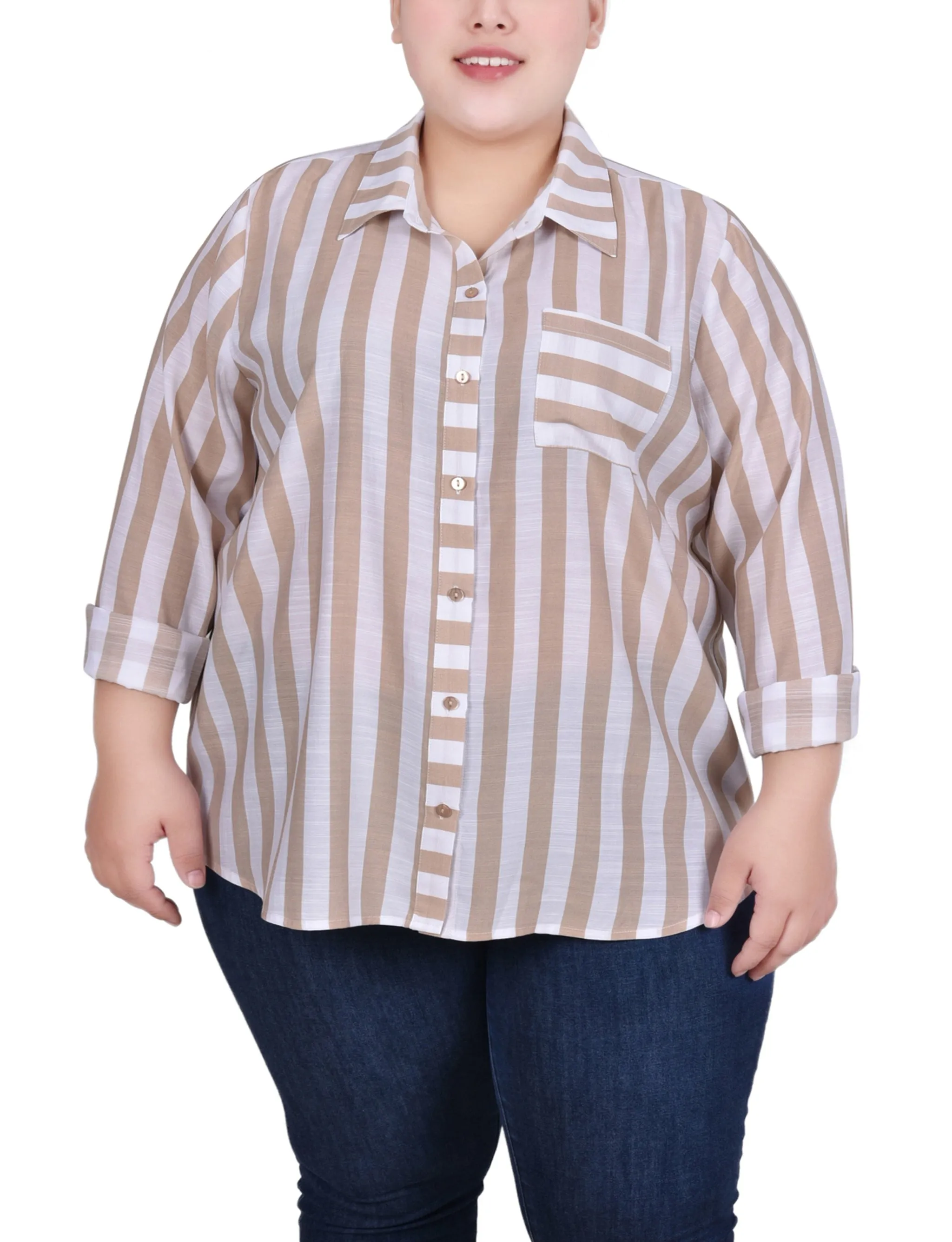 Plus Size 3/4 Rolled Sleeve Striped Blouse