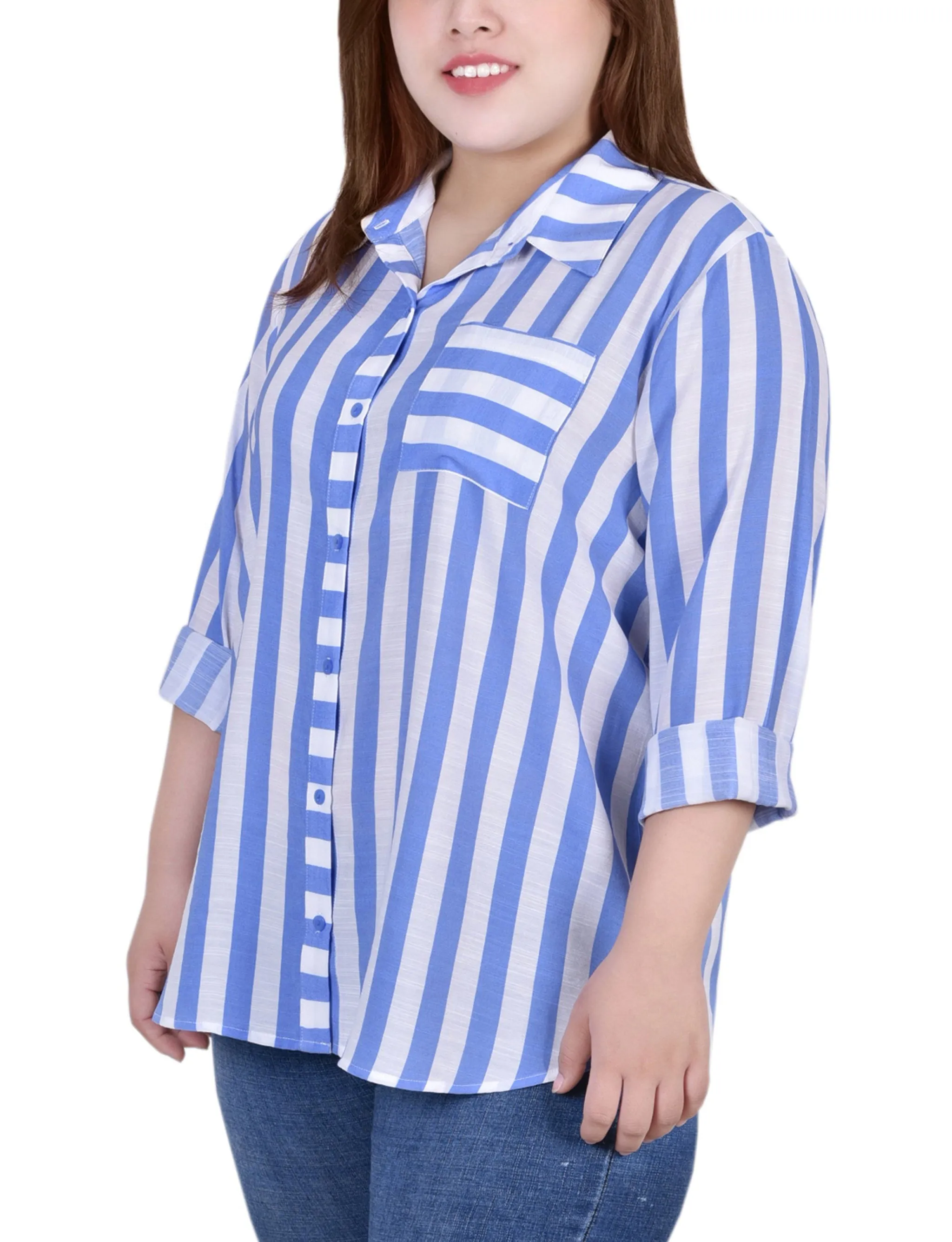 Plus Size 3/4 Rolled Sleeve Striped Blouse