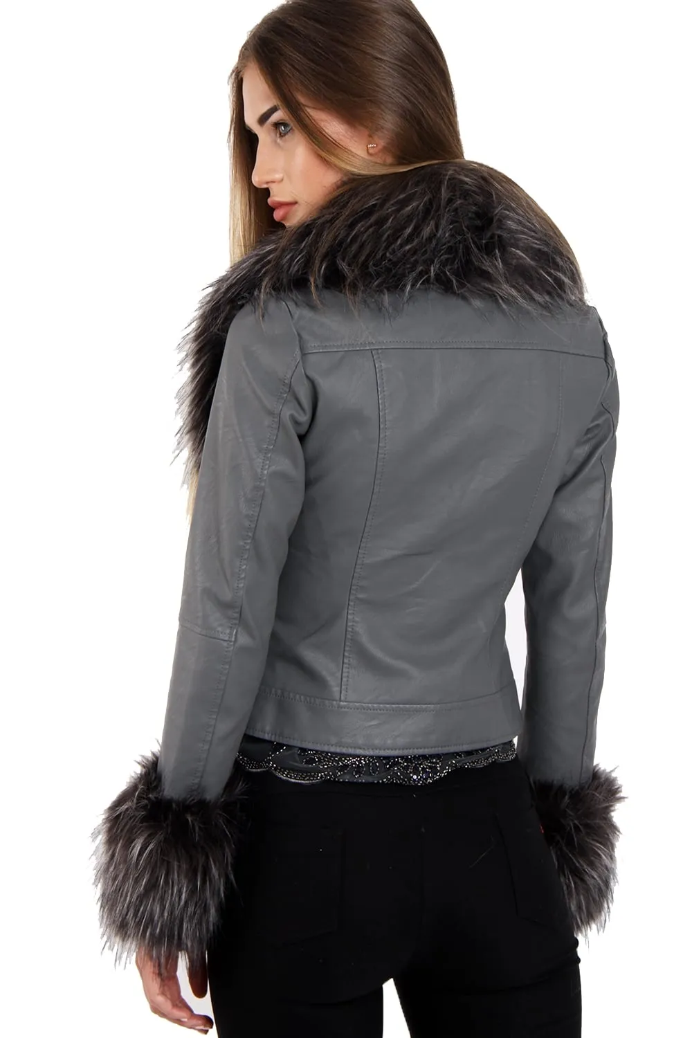 Short Faux Fur Trim Biker Leather Coat