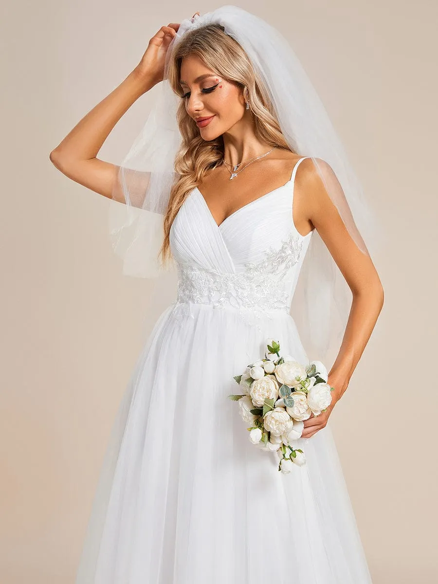 Spaghetti Straps V-Neck Waist Applique A-Line Tulle Wedding Dress