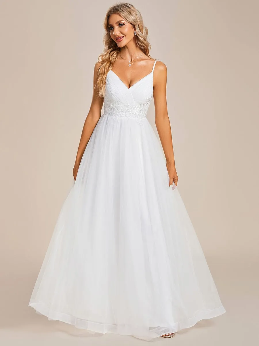 Spaghetti Straps V-Neck Waist Applique A-Line Tulle Wedding Dress