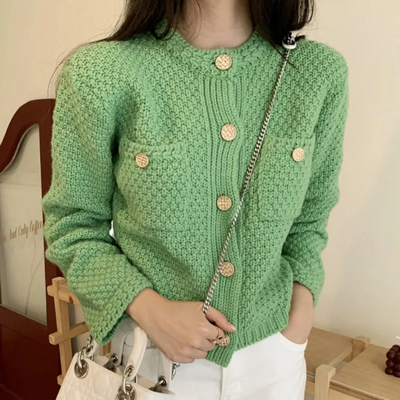 Vintage Women Cardigans Sweater Elegant Single Breasted Autumn Knitted Short Jacket Casual O Neck Korean Female Coats