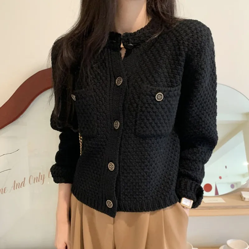 Vintage Women Cardigans Sweater Elegant Single Breasted Autumn Knitted Short Jacket Casual O Neck Korean Female Coats