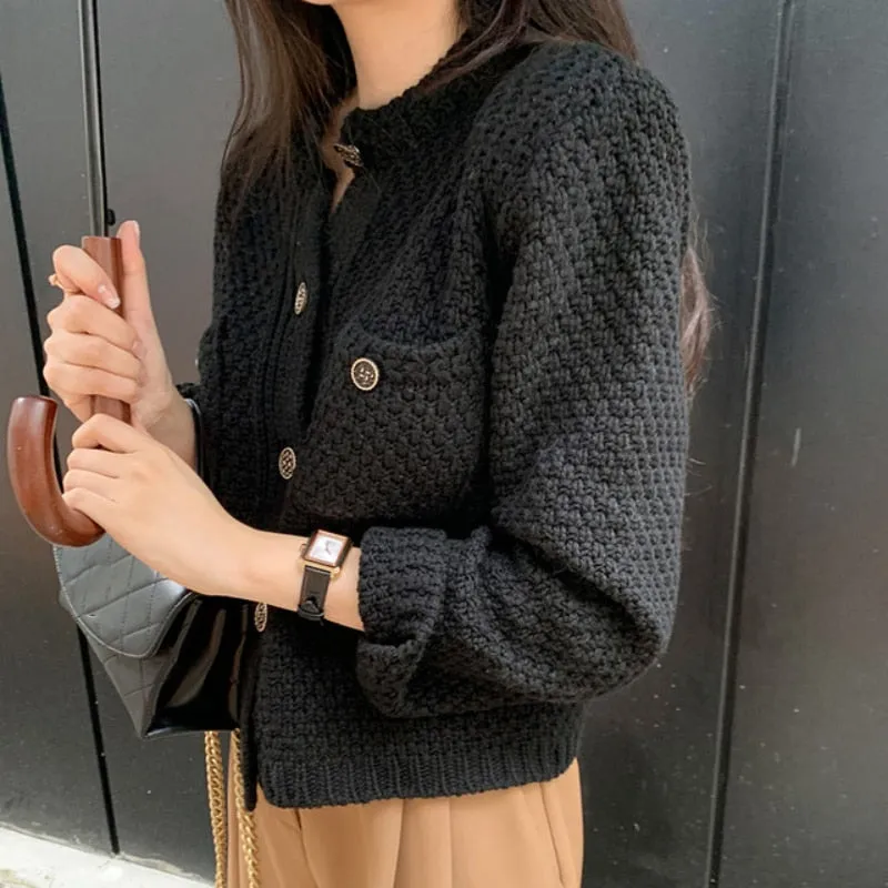 Vintage Women Cardigans Sweater Elegant Single Breasted Autumn Knitted Short Jacket Casual O Neck Korean Female Coats