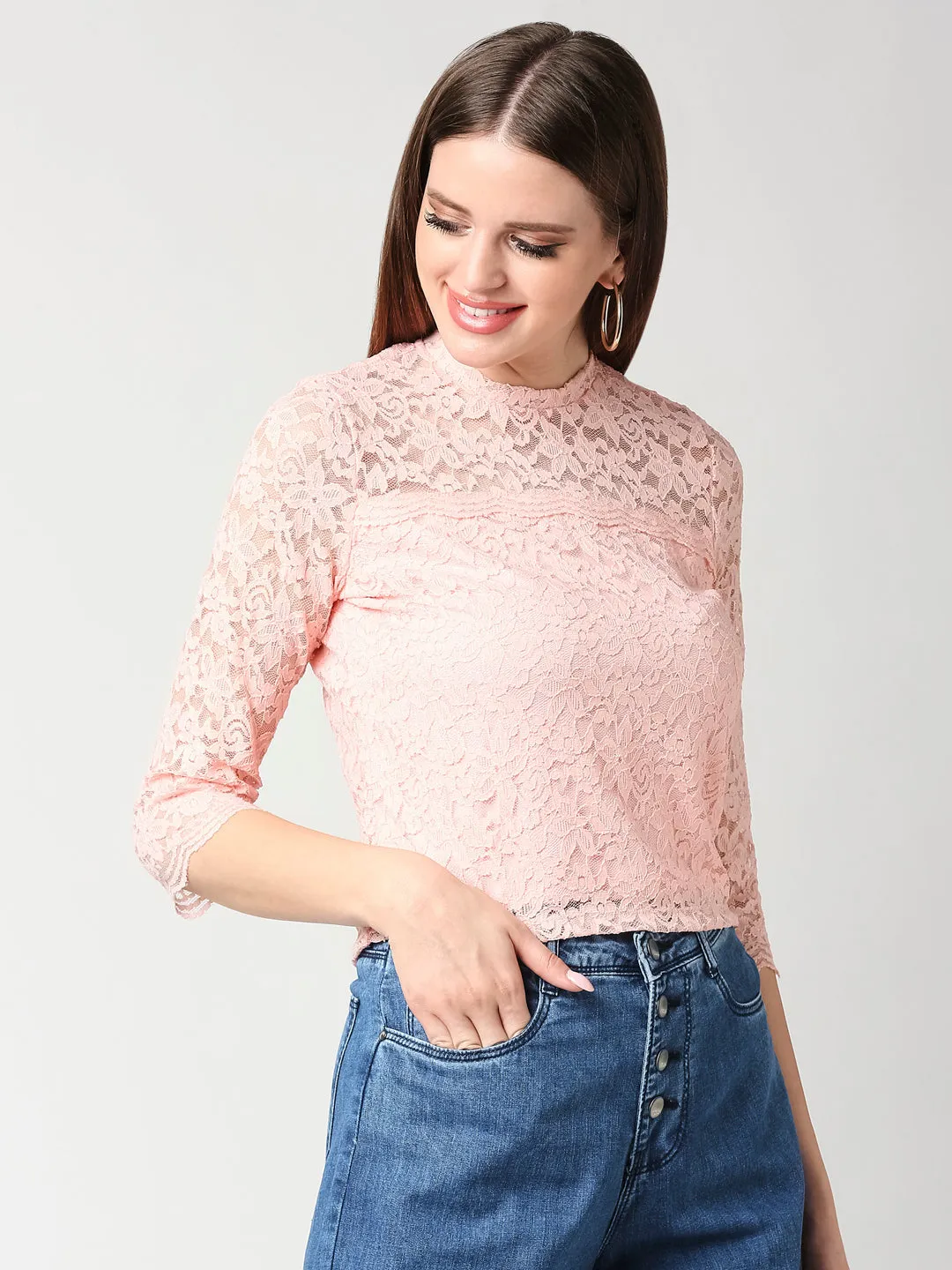 Women Floral Slim Fit Crop Lace Top