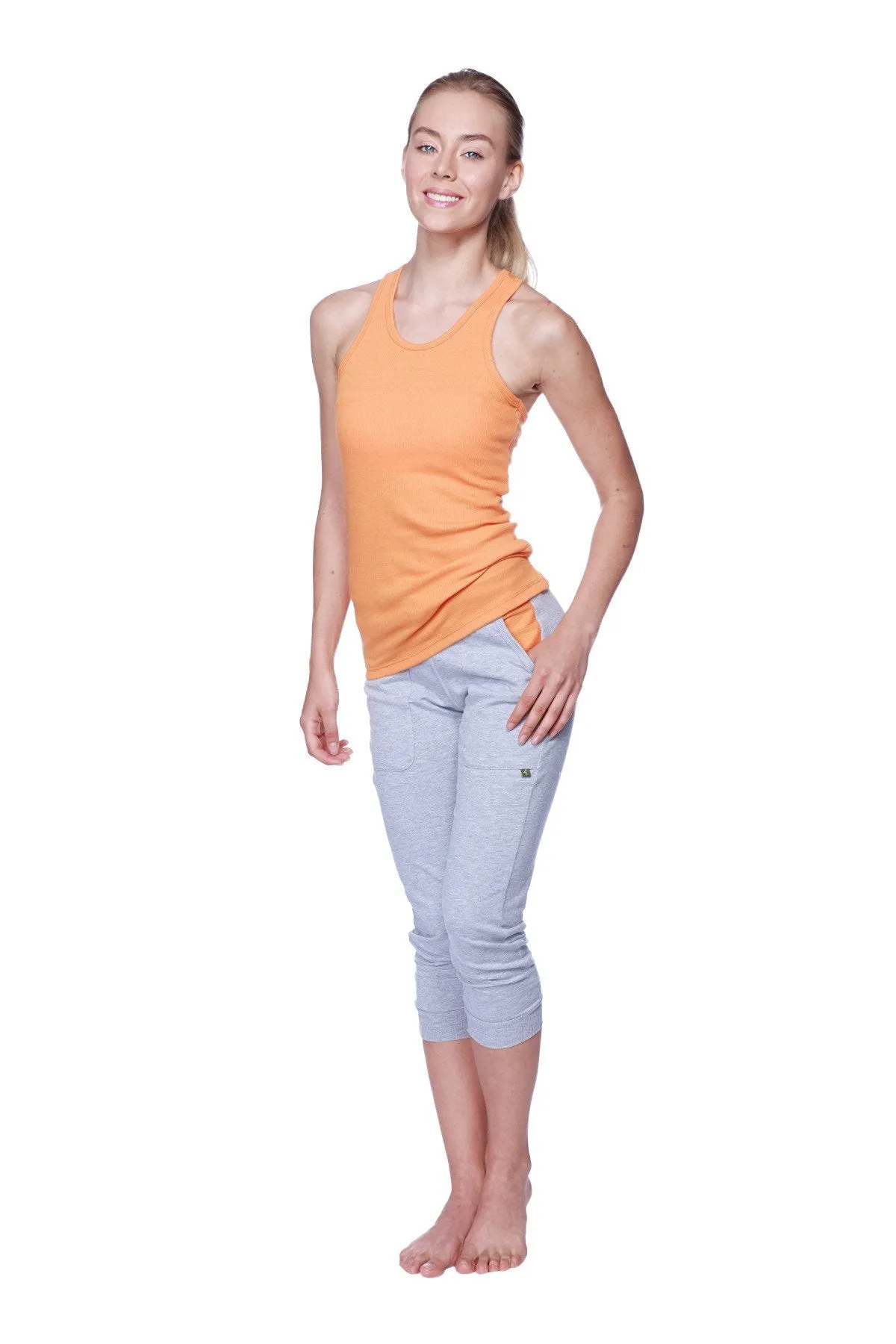 Women's 3/4 Cuffed Capri Yoga Pant (Heather Grey w/Orange)